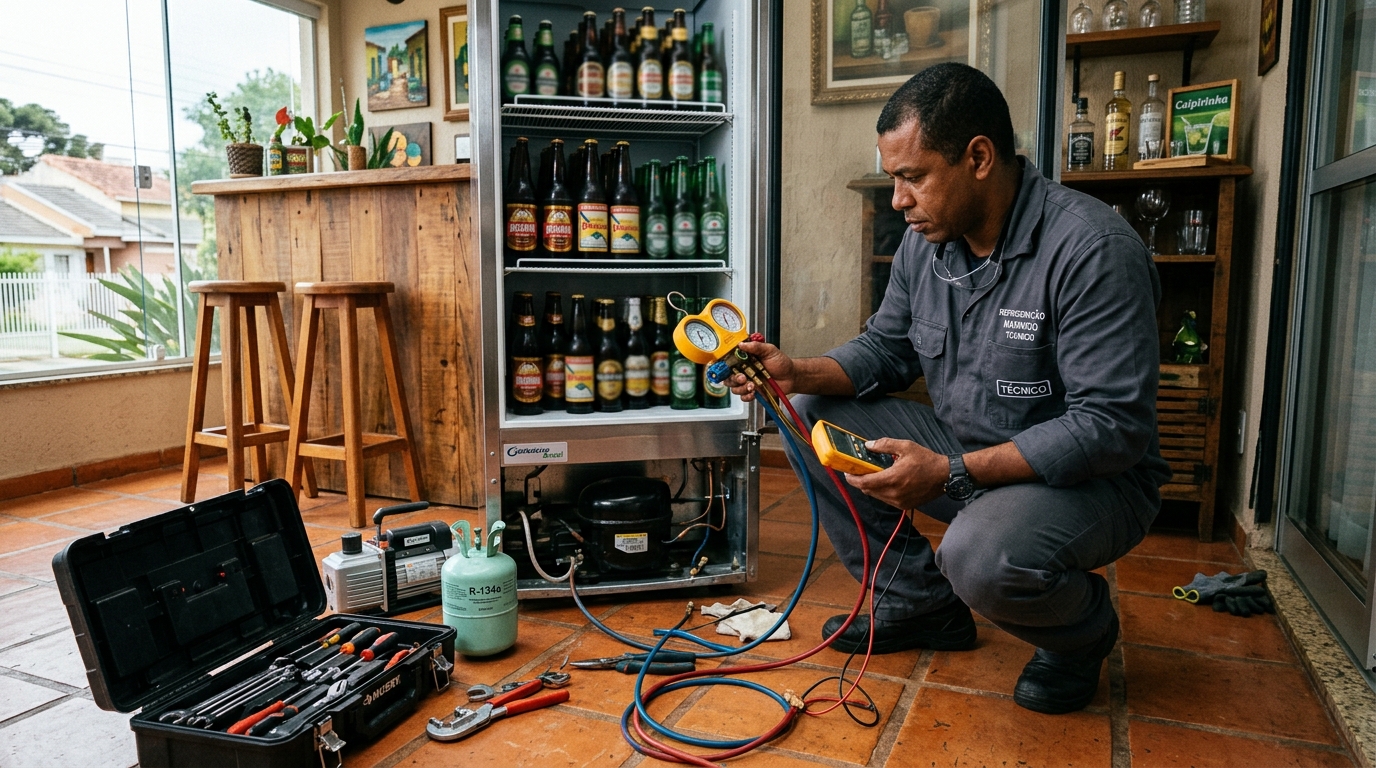 Técnico realizando manutenção de motor de cervejeira em Uberlândia‑MG