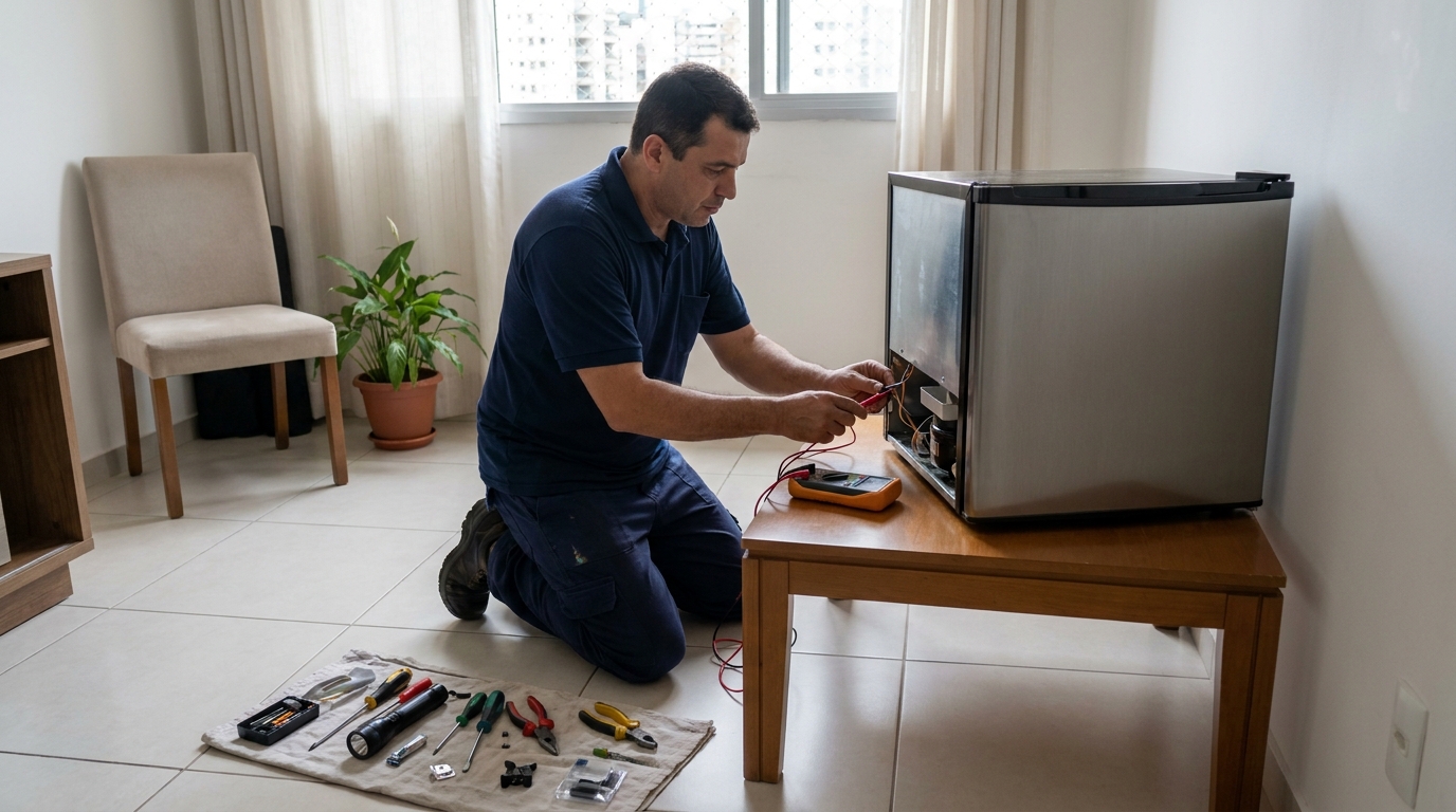 Técnico realizando manutenção de motor de frigobar em Uberlândia‑MG