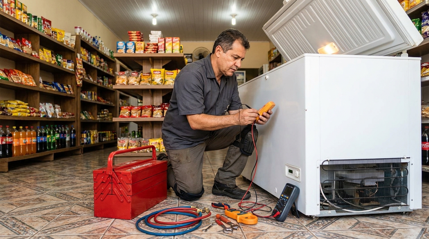 Recarga de gás refrigerante em freezer em atendimento em Uberlândia‑MG