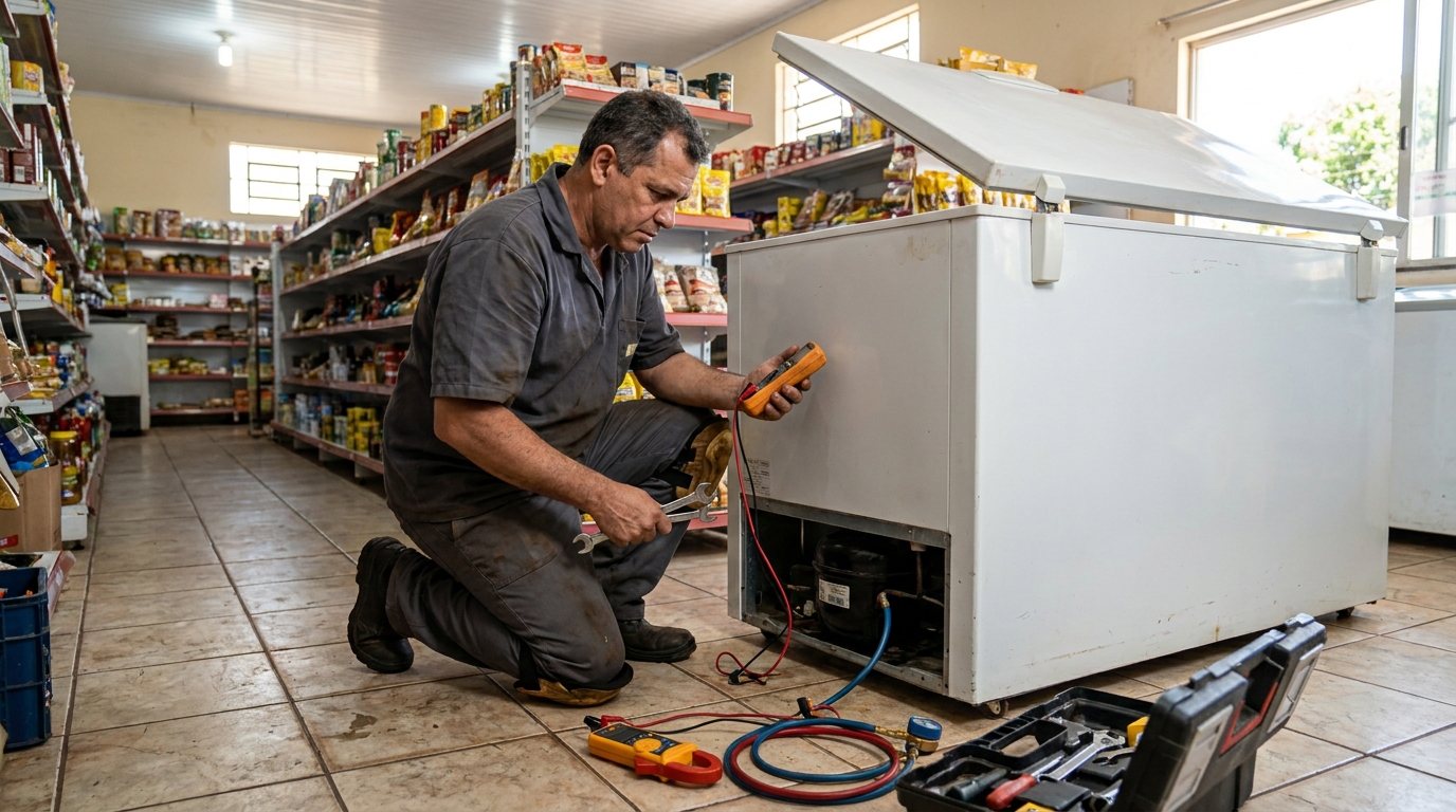 Troca de termostato de freezer em atendimento técnico em Uberlândia‑MG